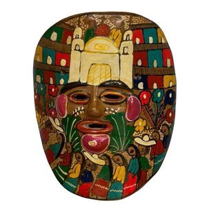 Mexican Clay Folk Art Hanging Mask Village People Flower  Hand Painted 8"x6.5"